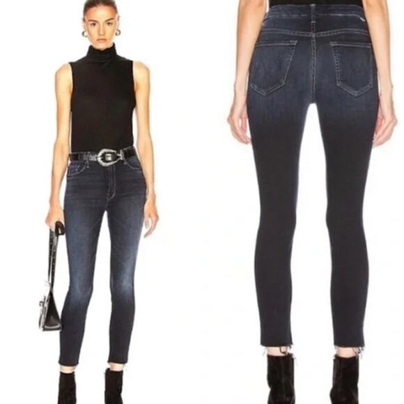 MOTHER Denim High Waisted Ankle Fray in Last Call Dark Wash Size 26 Raw Hem - Picture 1 of 10